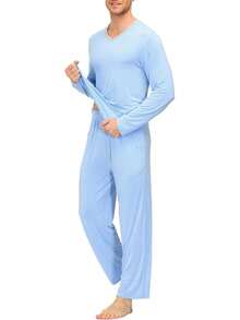 Men's Pajama Sets Sleepwear Nightwear Lightweight Quick Dry Soft 2 Piece Long Sleeve Mens Loungewear Sets With Pockethalloween - A7-sky Blue - View 4