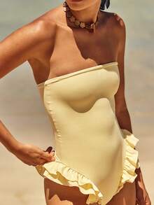 Women Monokini Bathing Suit Spaghetti Strap Ruffles Sleeveless Swimsuits Summer Swimwear Bikini - Yellow - View 2