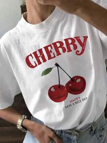 Camiseta Manga corta Cuello redondo Grafico Cherry Happy Cerezas mujer - Blanco - Ver 1