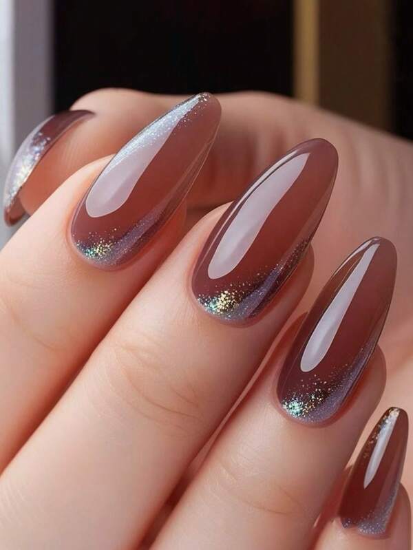 24 pièces Ongles longs rougeâtres-bruns rétro sableux à reflets blancs, ongles d'été, ongles portables, nail art, incluant 1 pièce de gel de gelée et 1 lime à ongles, faux ongles, fournitures pour ongles
