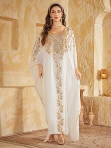 Women Loose Diamond Pattern Sequined Knitted Dress - White - View 6