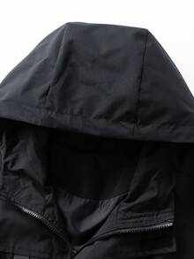 男士加大休闲连帽拉链夹克，带兜帽和拉链设计，口袋，适合男士假日、秋季 - 黑色 - 查看 4