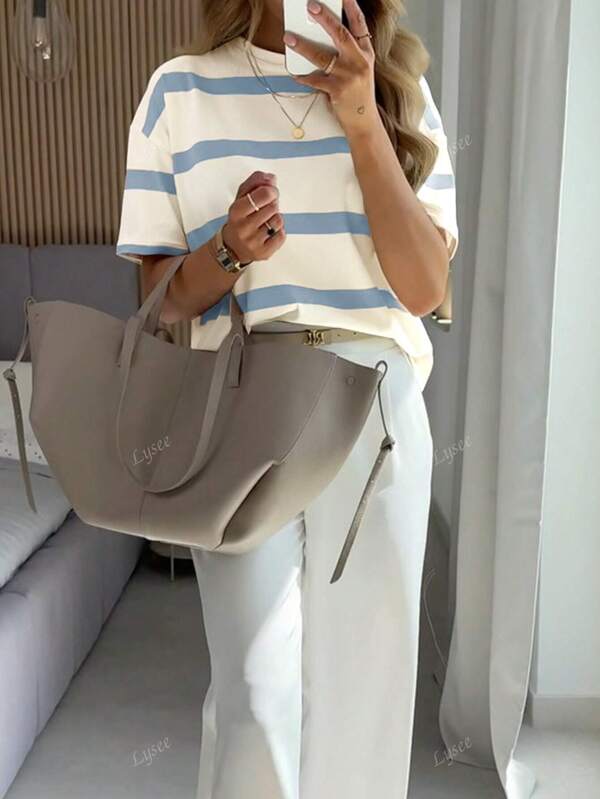Korean Young Casual Loose Striped Short Sleeve Top, Spring Summer