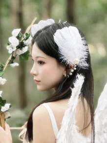 Elegante tocado de 2 piezas con plumas de cisne blanco estilo francés y perlas, un accesorio de cabello delicado y grácil perfecto para actuaciones de ballet y ocasiones nupciales
