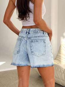 Casual Denim Shorts With Fringed Edges And Pockets, Zipper Closure For Spring/Summer