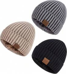 Gorros de lana para hombres, paquete de 3, gorros de invierno para hombres y mujeres, forrados de forro polarérmico cálido, gorro de moda grueso para chicos - Color-01 - Ver 1