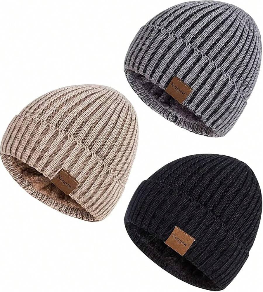Gorros de lana para hombres, paquete de 3, gorros de invierno para hombres y mujeres, forrados de forro polarérmico cálido, gorro de moda grueso para chicos - Color-01 - Ver 1