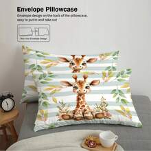 Oversized Cartoon Giraffe Print Bedding Set With 2pcs Pillow Cases, Zipper Closure, Suitable For Queen Or King Size Beds In Dorm, Bedroom