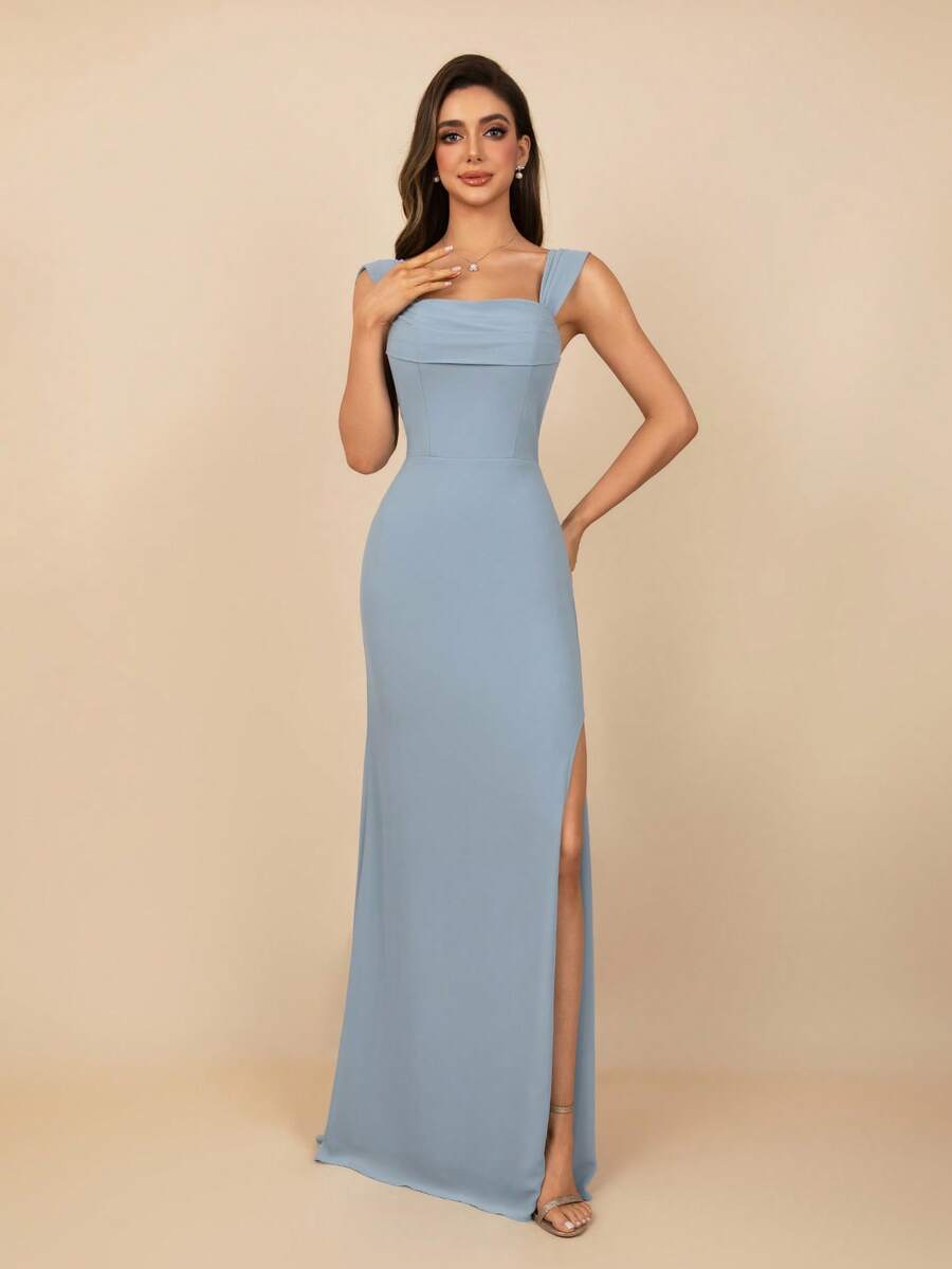 MOEVIO Women's Off Shoulder Ruched Bust Chiffon Cold Shoulder Sexy Backless Split Thigh Long Formal Bridesmaid Wedding Guest Graduation Homecoming Spring Summer Festival Vacation Gown - Dusty Blue - View 1