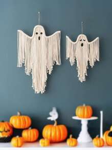 1pc Boho Halloween Ghost Wall Hanging Decor, Macrame Fringe Spooky Ghost Ornaments, Bohemian Wall Art For Home, Living Room, Fireplace, Party, Haunted House Decoration
