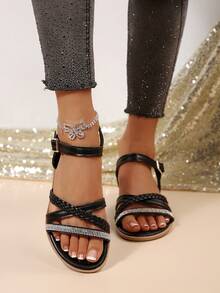 手工编织钻石带舒适女士平底凉鞋 - 黑色 - 查看 5