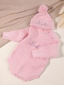 1pc Thick White And Pink Embroidered Name Knit Long Sleeve Sweater & Pompom Decor Beanie Hat, Newborn Baby Gift For Girls And Boys, Autumn/Winter