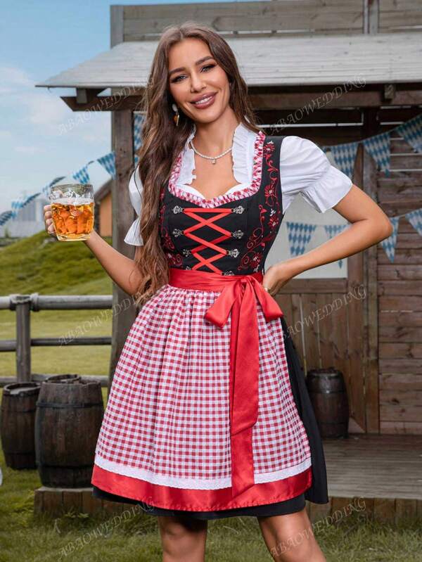 Disfraz de carnaval de Halloween, vestido sin mangas de parches de color contrastante con bordados + top corto con delantal, apto para Oktoberfest, traje de sirvienta, cosplay
