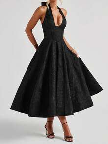 Vestido elegante de jacquard con cuello halter para mujer, corte bajo, sin mangas, espalda abierta, corte A, largo, para fiesta de noche y club. - Negro - Ver 6