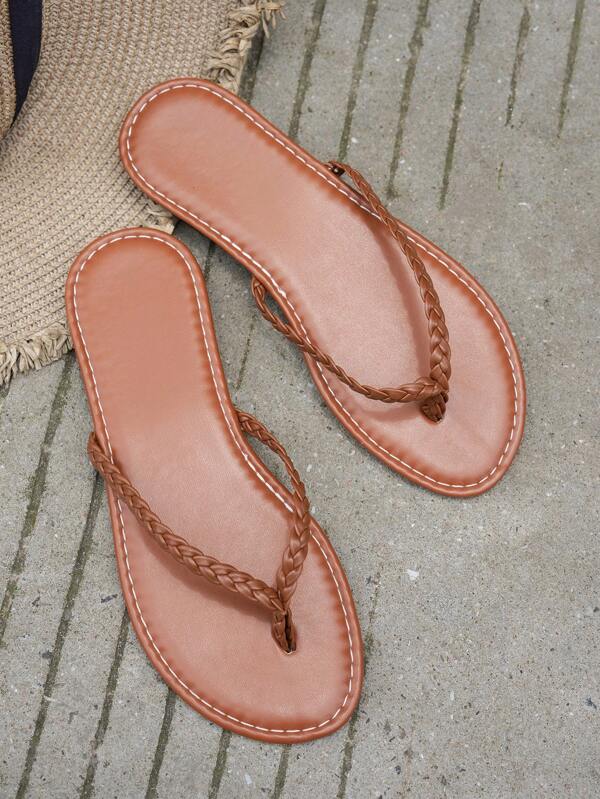 Women's Solid Color Flip Flops, Brown Round Toe Flat Open Toe Slip-On Sandals, Women's Woven Strap Sandals