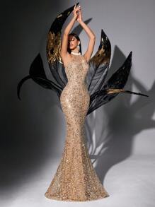 LUVISTRUE 闪亮优雅亮片派对高档晚礼服春夏串珠女式礼服，适合庆典、毕业舞会、晚宴、鸡尾酒会、红毯、生日派对，无袖露背露背拉链修身连衣裙