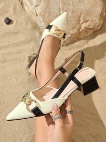 女式粗跟高跟鞋，踝带尖头浅口鞋，性感派对休闲正装工作鞋，优雅舒适，黑色 - 黑色 - 查看 1