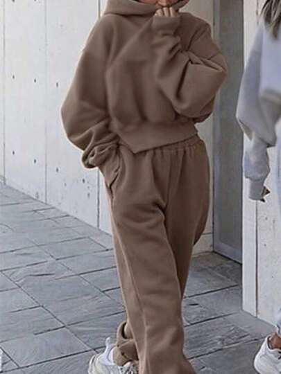 Women's Hooded Sportswear Set - Polyester Cotton Warm Jogging Pants And Adjustable Hooded Sweatshirt In Solid Colors For Autumn And Winter Casual Home Outings