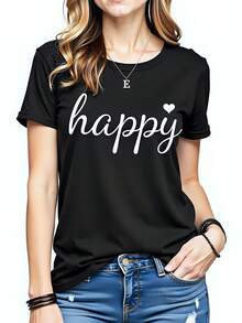 Camiseta de  con estampado "happy", 180g, algodón, manga corta, cuello redondo, T-shirt de estilo casual y cómodo, ideal para verano, moda femenina, camiseta gráfica, ropa para fiesta o uso diario, look informal,  en prendas básicas, diseño alegre y moderno. - Negro - Ver 1