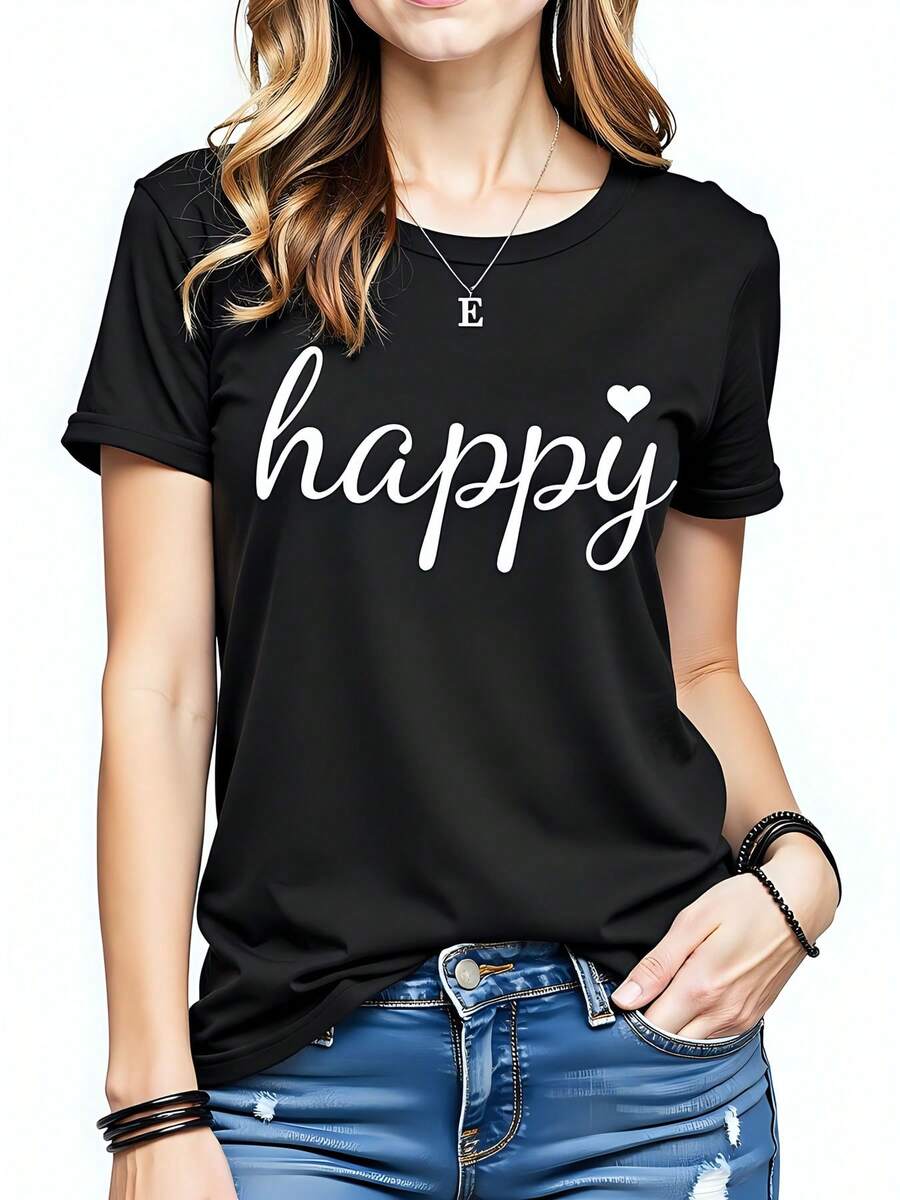 Camiseta de con estampado "happy", 180g, algodón, manga corta, cuello redondo, T-shirt de estilo casual y cómodo, ideal para verano, moda femenina, camiseta gráfica, ropa para fiesta o uso diario, look informal, en prendas básicas, diseño alegre y moderno. - Negro - Ver 1