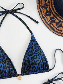 2件套女士性感2025欧美风豹纹比基尼泳装度假沙滩夏季 - 藍色 - 查看 3