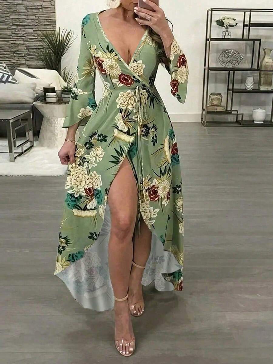 Elegante bata de mujer con estampado floral, manga larga, con cinturón para vacaciones de primavera