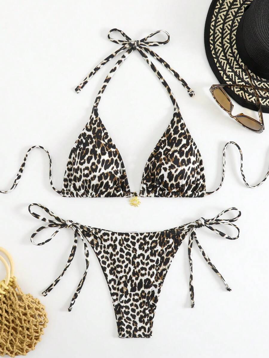 2件套女士豹纹性感比基尼泳装，欧美风度假沙滩夏季 - 彩色 - 查看 1
