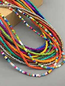 1pc Serotonin Asymmetrical Seed Bead Necklace, Rainbow Glass Beads On Steel Wire, Feminine Design