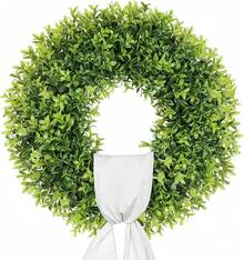 22 Inch Artificial Boxwood Wreaths For Front Door, Summer Door Wreath With Sash, Spring Green Wreath Weatherproof For Wall Window Porch Farmhouse Wedding Decor All Year Round Indoor Outdoor - 綠色 -22 英寸 - 查看 2