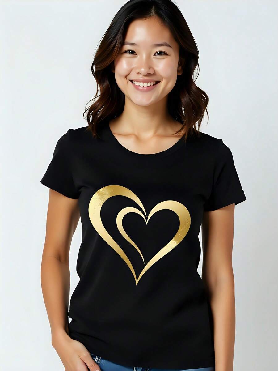 Camiseta de con estampado de corazón dorado, 180g de algodón, cuello redondo, manga corta, estilo casual y moderno, ideal para combinar con jeans o faldas, diseño único y atractivo, perfecta para cualquier ocasión, cómoda y ligera. - Negro - Ver 1