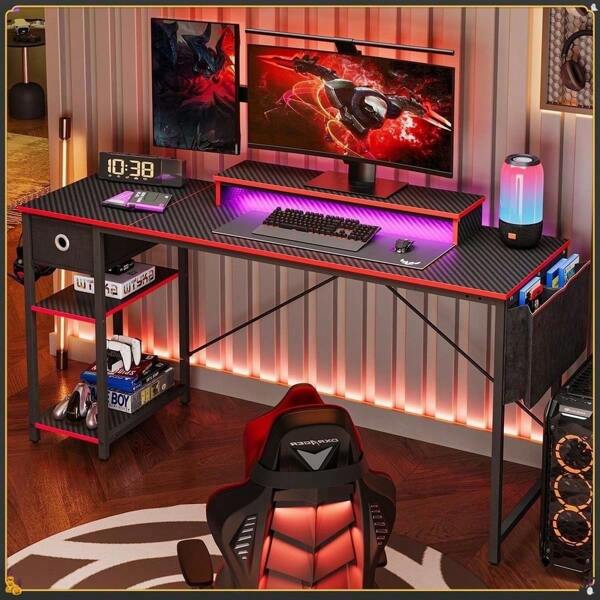 62" RGB LED Gaming Desk With Monitor Stand & Reversible Shelves, Carbon Fiber Computer Desk With Drawer, Storage Bag & Headphone Hook - Home Office & Streamer Setup,Black