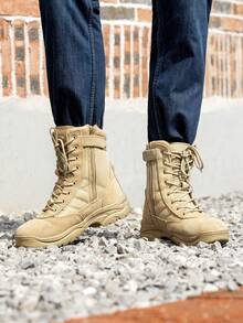 Men's Military Tactical Work Boots Leather Motorcycle Combat Boots - Khaki - View 3