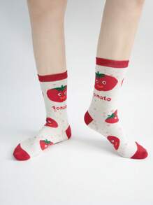 6 Pares de Meias Cano Médio Femininas com Impressões Aleatórias de Legumes Fofos, Desenho de Tomate