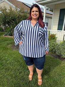 Enliva Jennifer_samantha_style Plus Size Striped Shirt With Notched Collar And Rolled-Up Sleeves, Summer, For Apple Rounded Body Shape - Multicolor - View 9