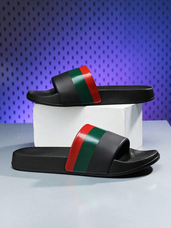 Men's Casual Minimalist Striped Colorblock Lightweight Non-Slip Quick-Dry Slip-On House/Bathroom Slippers, Comfortable Durable Unisex Beach Open Toe Sandals