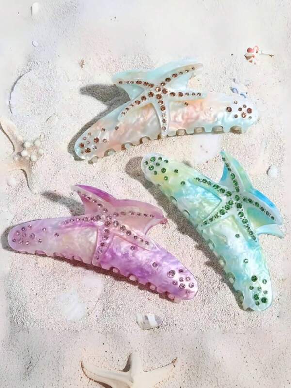 1 pièce Barrette à cheveux étoile de mer scintillante en strass - Accessoire de cheveux décoré de strass acrylique en rose, vert et blanc, convient pour créer des coiffures élégantes et des vagues de plage, décoration de cheveux de plage