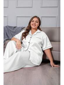 Vozanet Women's Plus Size Button Down Pajama Sets Satin Silky Short Sleeve Top & Pants Sleepwear Loungewear Nighty XL To 5XL - 白色 - 查看 6
