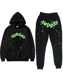 2-Piece Hoodie Set, Letter Spider Print Ankle Pants, Long Pants, Hoodie, Sweater, Sports And Leisure Set - Đen Xanh Lá Cây - Xem 2