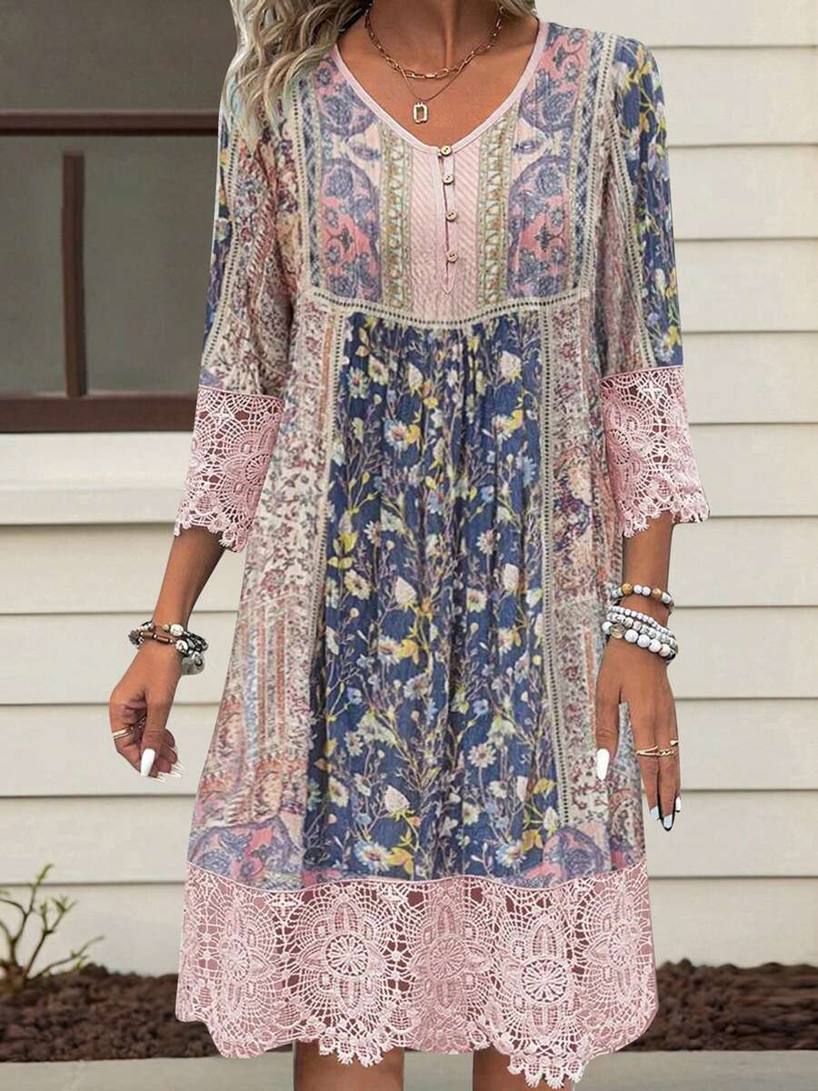 Women Retro Floral Dress Lace Trim Half Button-Up V Neck 3/4 Sleeve A-Line Short Dress For Summer Spring - 粉色 - 查看 1