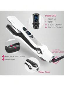 UKLISS Alisador de cabello con vapor de nano titanio y cerámica con pantalla LCD digital, 5 ajustes de calor, bloqueo automático de temperatura, peine desmontable, alisado y rizado del cabello con vapor, adecuado para estudiantes, vacaciones y viajes