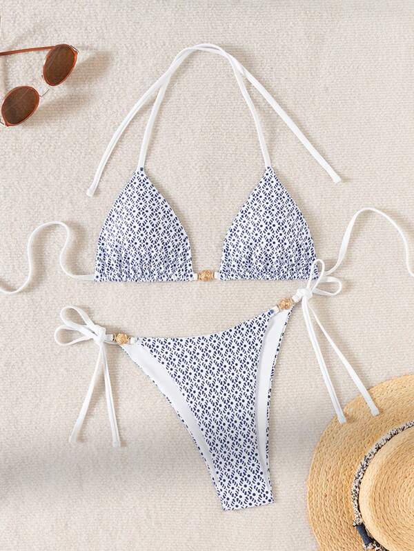 Blue & White Pattern Printed Triangle Swimsuit With Metallic Rose Decor, Women Swimwear Set, Resort Style