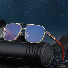 1pc New Stylish Retro Square Frame Fashion Glasses For Men, Casual Vintage Chic Elegant Party Street Wear, Wood Grain Temples High-End UV Protection Driving Fashion Glasses