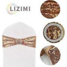 QY Chair Sashes Sequin Stretch Chair Bands Spandex Polyester Bows For Party Hotel Wedding Banquets Decoration 6 Pcs Rose Gold 1439 - Vàng hồng - Xem 4