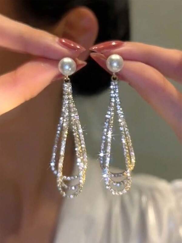 2 Pieces Of Exaggerated European And American Design With Long Diamond Water Drop Embedded Earrings For Women, Banquet And Wedding Gifts