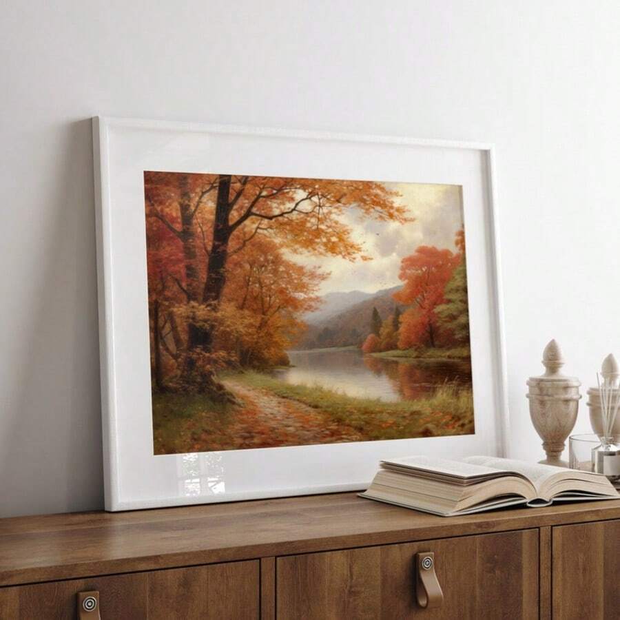 1 pieza Cuadro de arte de pared de paisaje de otoño vintage con impresión de hojas de arce, pintura al óleo de bosque con ambiente otoñal, póster rústico de decoración de otoño para sala de estar, dormitorio o decoración de habitación de estudiante, regalo para ella, sin marco o con marco - Multicolor - Ver 1