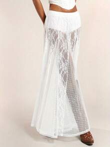 Women's Summer A-Line Skirt High Waist Long Lace Patchwork Skirt For Travel, Beach, Shopping - 白色 - 查看 4