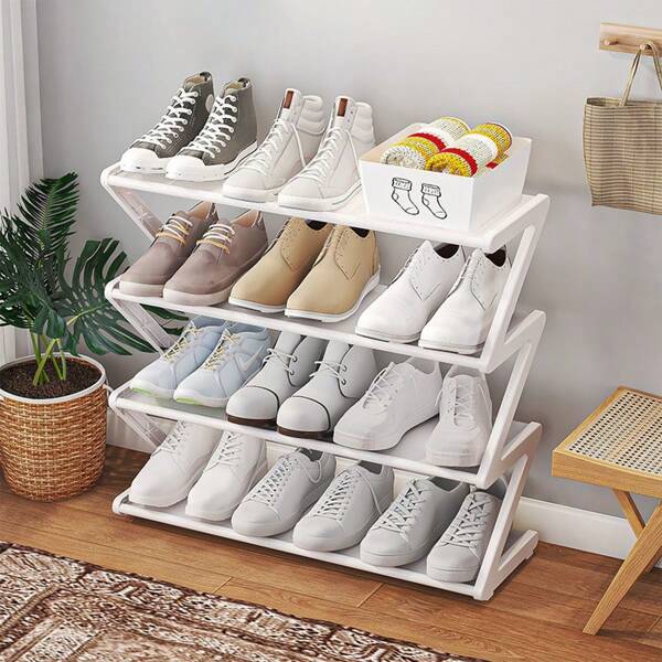 4-laags Z-vormig schoenenrek, duurzame onafhankelijke opbergdoos van kunststof, boogvormig ontwerp, eenvoudig te monteren vloerrek, geschikt voor woonkamer of slaapzaal, stapelbaar en ruimtebesparend, opbergdoos voor schoenen, verticaal rek.
