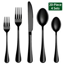 Juego de cubertería de 30 piezas de acero inoxidable negro PVD, servicio para 6 personas, cubiertos negros brillantes y duraderos para el hogar y la cocina, incluye cuchillo, cuchara y tenedor