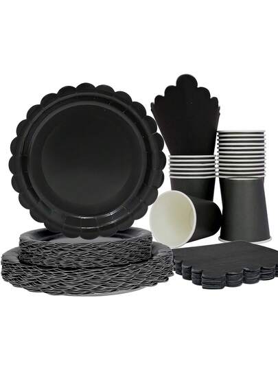 10pcs Black Plates Cups And Napkins Tableware Set Black Party Supplies Includes Black Scalloped Party Plates Napkins Cups Dinner Party Supplies Table Decorations For Birthday, Halloween, New Year