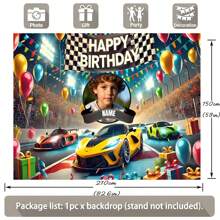 1pc Customizable Photo Name Racing Theme Happy Birthday Backdrop Race Track Black And White Flag Balloon Gift Box Pattern Design For Racing Theme Birthday Party Cake Table Decoration Photography Banner Vinyl